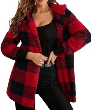 GOFULY Womens Winter Coats Trendy Fuzzy Fleece Hoodies Open Front Fall Sherpa Jackets Warm Plaid Cardigans Casual Outerwear