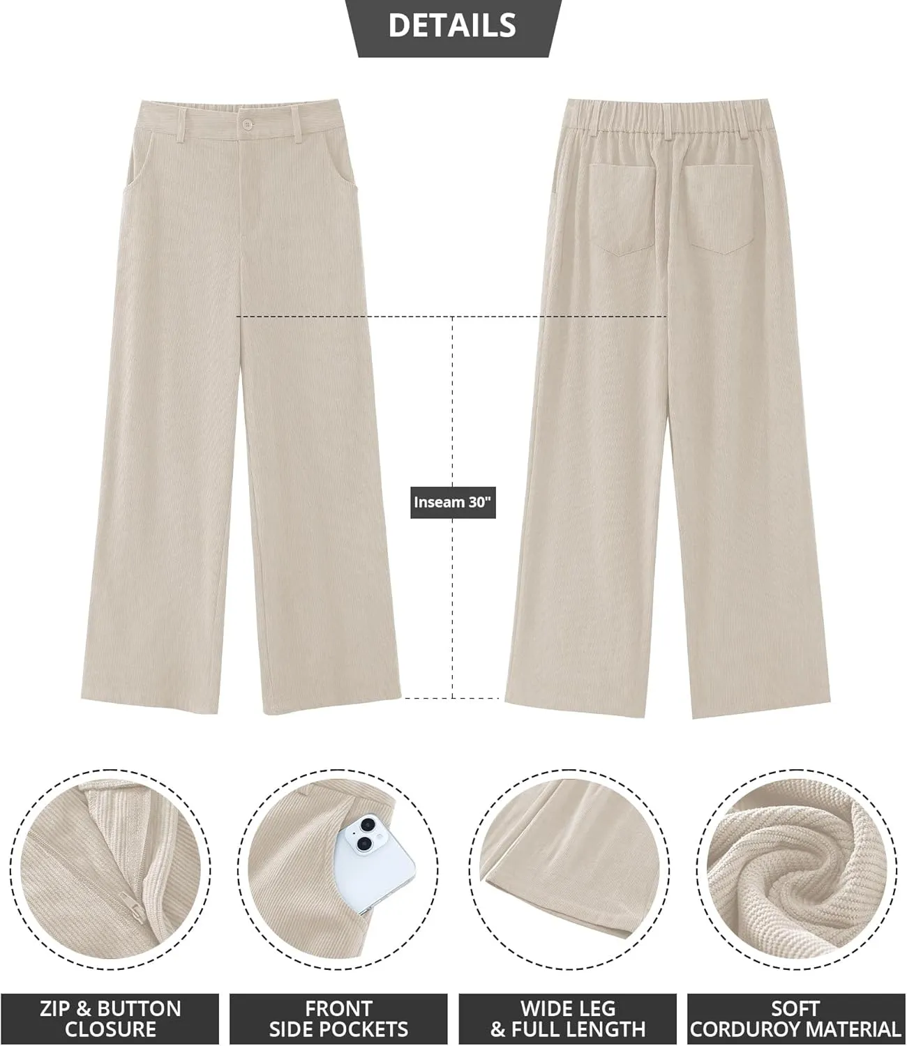 GRAPENT Corduroy Wide Leg Pants Woman High Waisted Fall Business Casual Elastic Waist Loose Trendy Trousers with Pockets