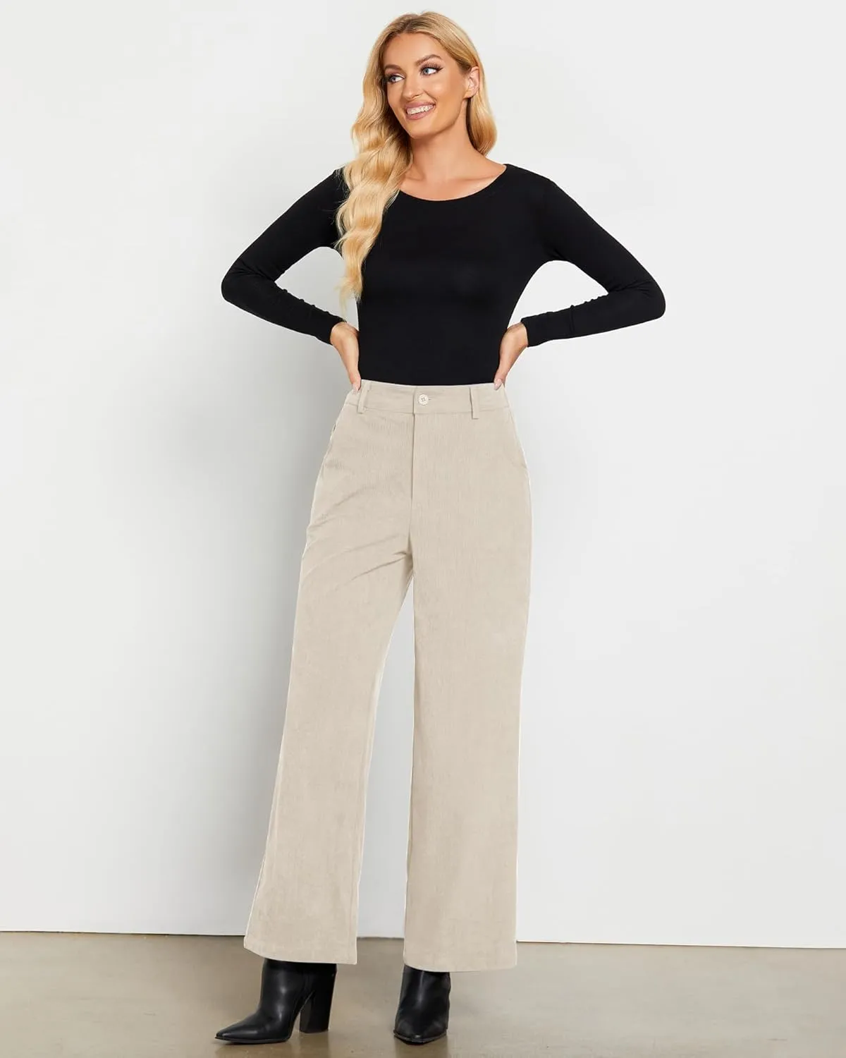 GRAPENT Corduroy Wide Leg Pants Woman High Waisted Fall Business Casual Elastic Waist Loose Trendy Trousers with Pockets
