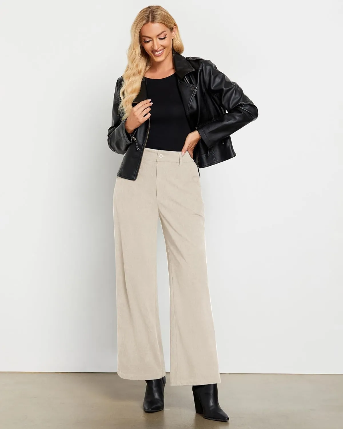 GRAPENT Corduroy Wide Leg Pants Woman High Waisted Fall Business Casual Elastic Waist Loose Trendy Trousers with Pockets
