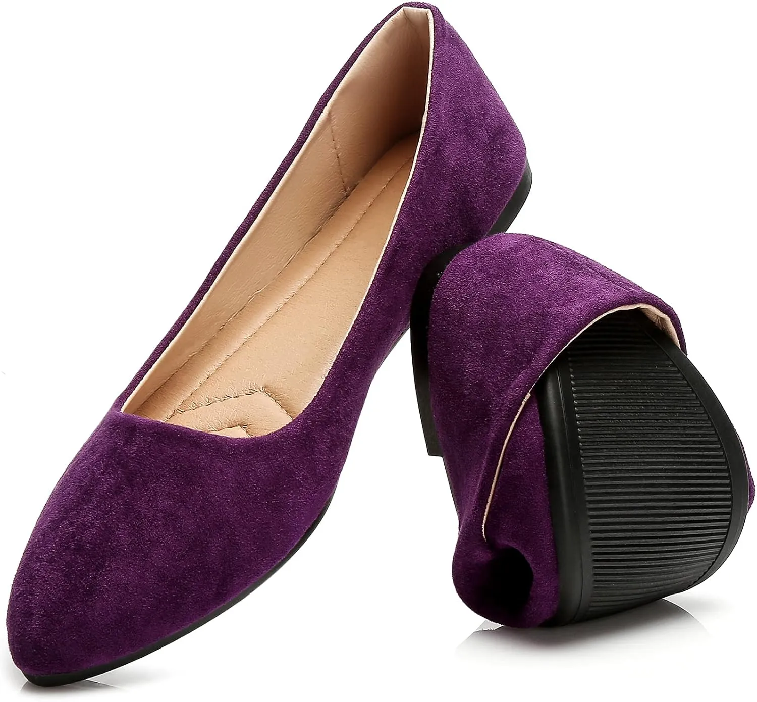 HEAWISH Women??s Black Flats Shoes Comfortable Suede Pointed Toe Slip On Casual Ballet Flats Dress Shoes Nude Flats