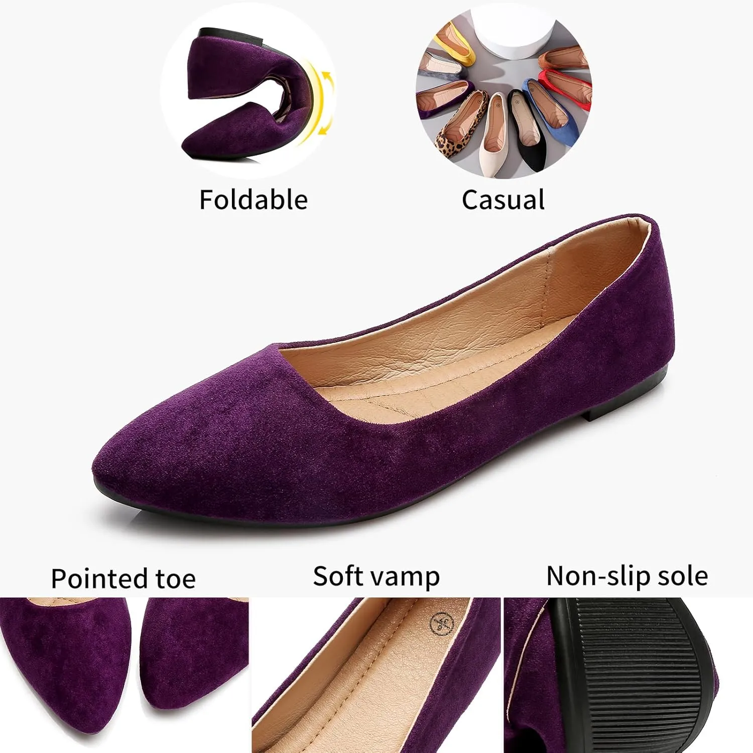 HEAWISH Women??s Black Flats Shoes Comfortable Suede Pointed Toe Slip On Casual Ballet Flats Dress Shoes Nude Flats