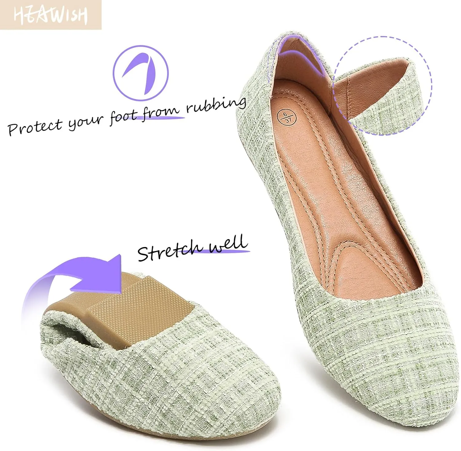 HEAWISH Women??s Round Toe Flats Shoes Ballet Flats Dressy Comfortable White Green Flats for Women