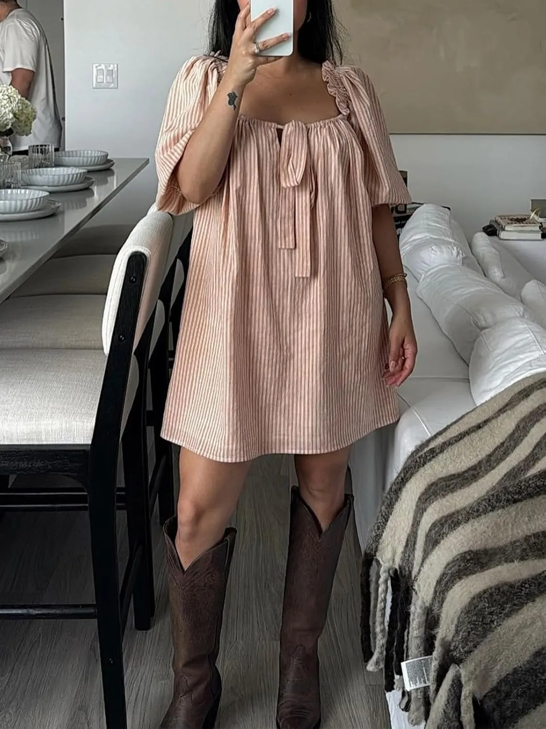 hibshaby Women's Babydoll Short Dress Puff Sleeve Cute Tie Mini Dress Floral Sundress