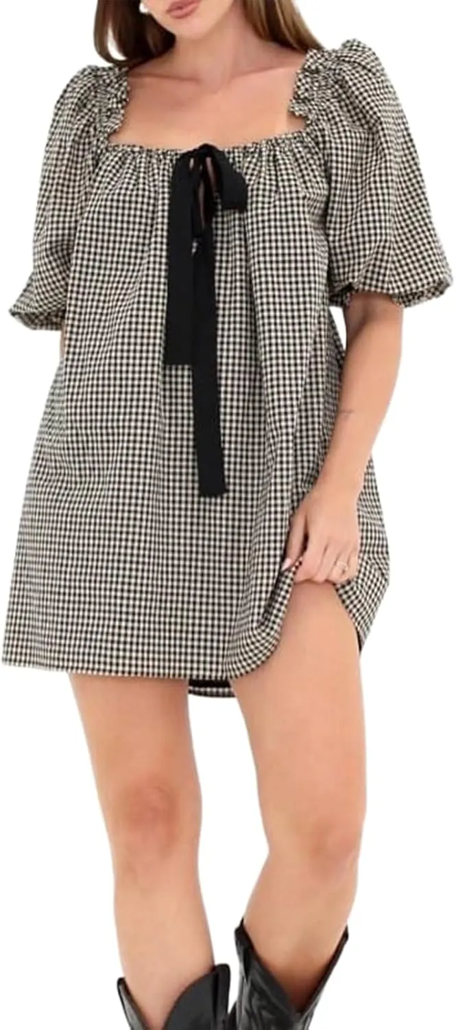 hibshaby Women's Babydoll Short Dress Puff Sleeve Cute Tie Mini Dress Floral Sundress