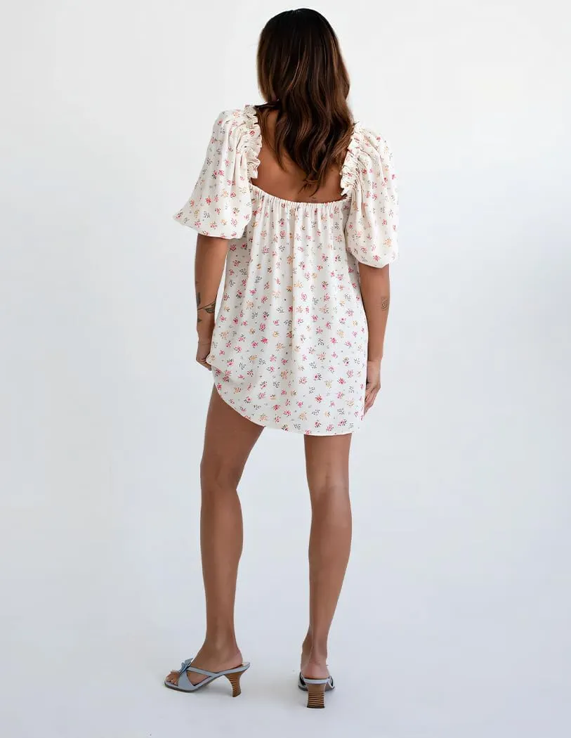 hibshaby Women's Babydoll Short Dress Puff Sleeve Cute Tie Mini Dress Floral Sundress
