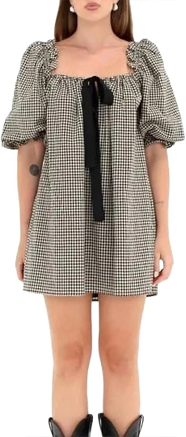 hibshaby Women's Babydoll Short Dress Puff Sleeve Cute Tie Mini Dress Floral Sundress