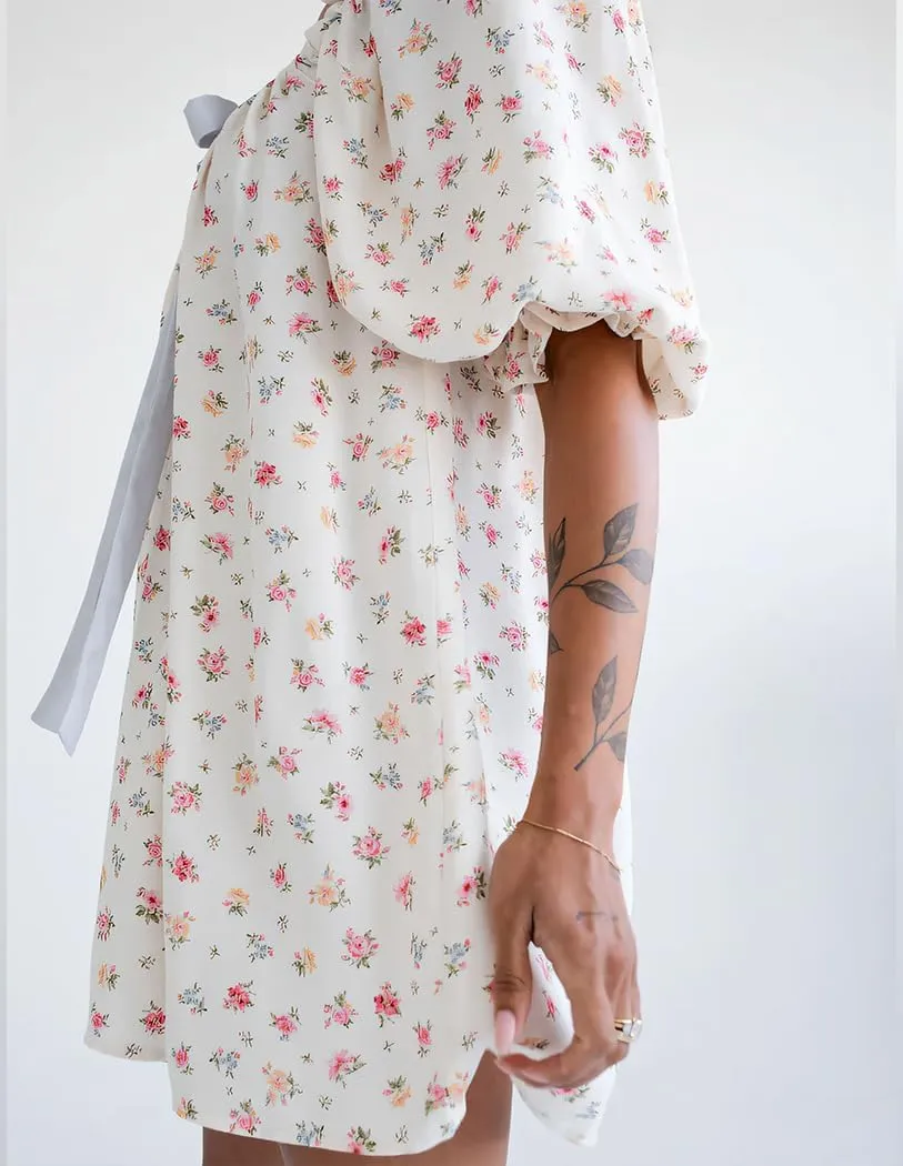 hibshaby Women's Babydoll Short Dress Puff Sleeve Cute Tie Mini Dress Floral Sundress