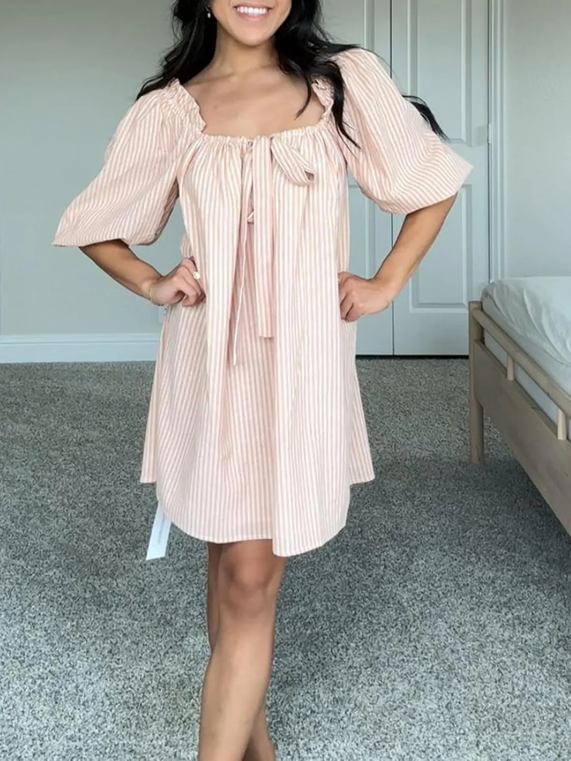 hibshaby Women's Babydoll Short Dress Puff Sleeve Cute Tie Mini Dress Floral Sundress