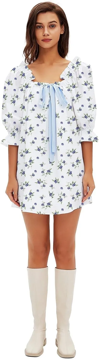 hibshaby Women's Babydoll Short Dress Puff Sleeve Cute Tie Mini Dress Floral Sundress