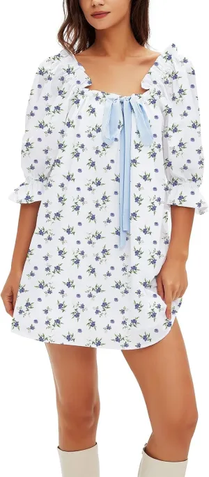 hibshaby Women's Babydoll Short Dress Puff Sleeve Cute Tie Mini Dress Floral Sundress
