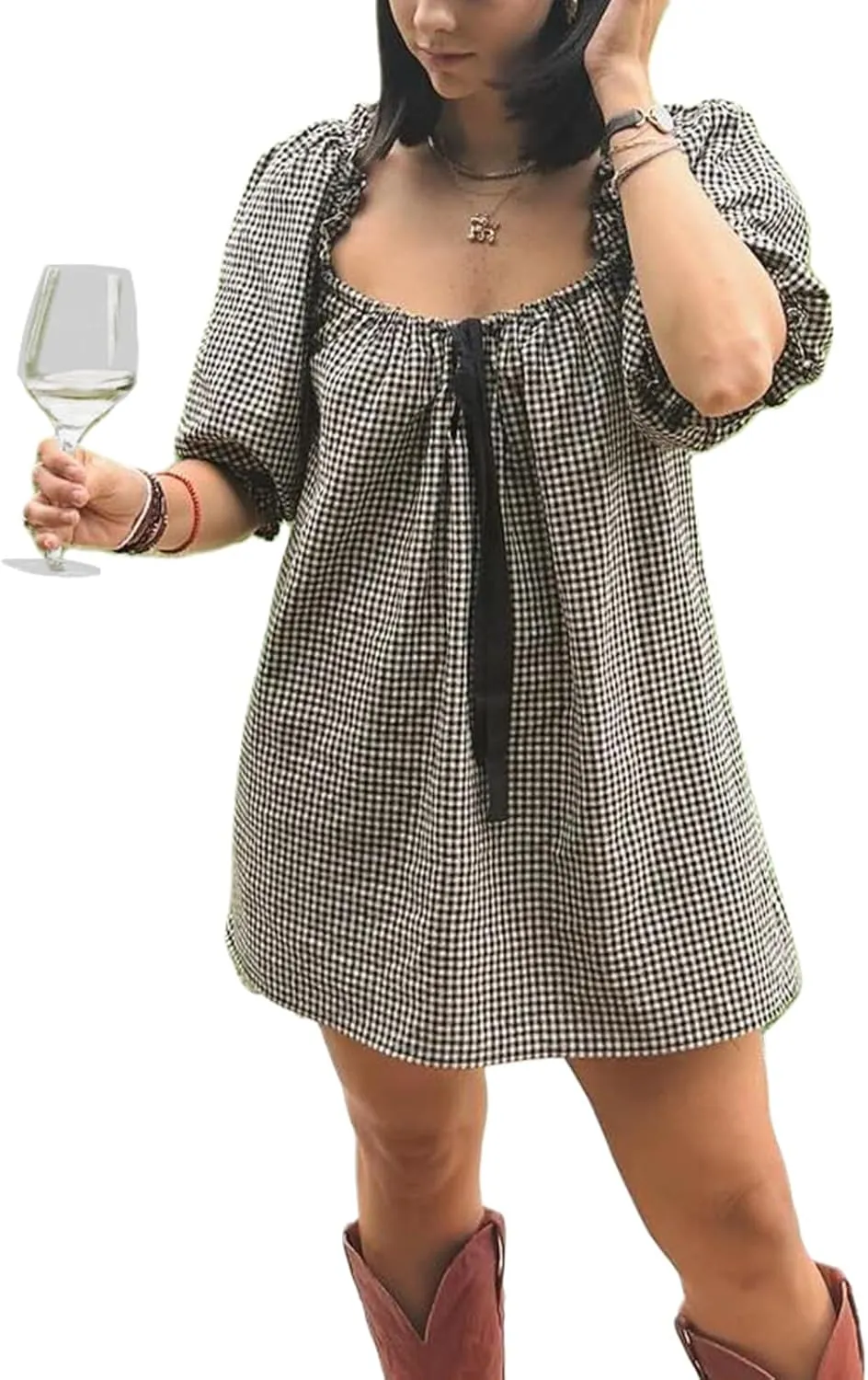 hibshaby Women's Babydoll Short Dress Puff Sleeve Cute Tie Mini Dress Floral Sundress