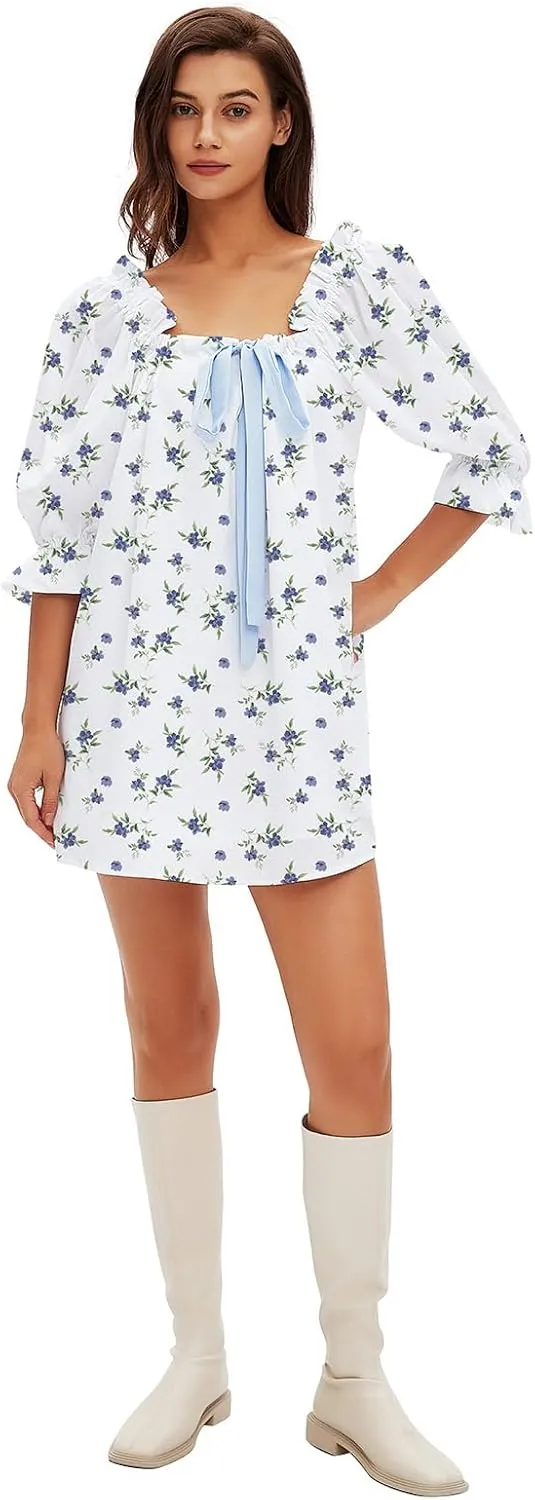 hibshaby Women's Babydoll Short Dress Puff Sleeve Cute Tie Mini Dress Floral Sundress