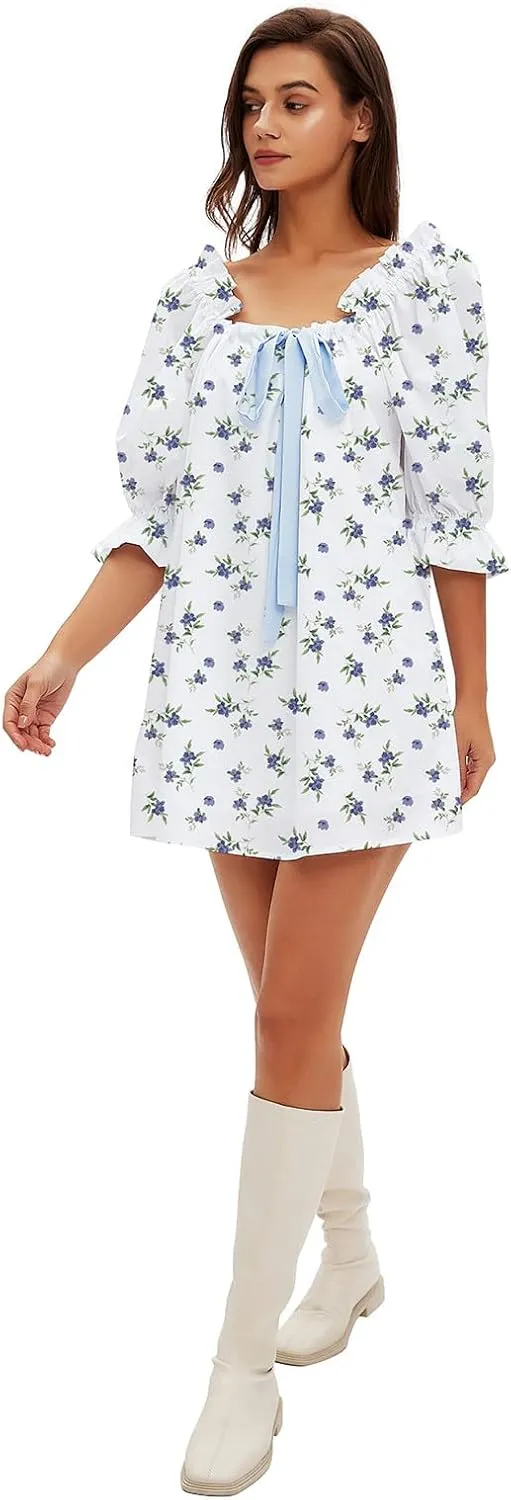 hibshaby Women's Babydoll Short Dress Puff Sleeve Cute Tie Mini Dress Floral Sundress