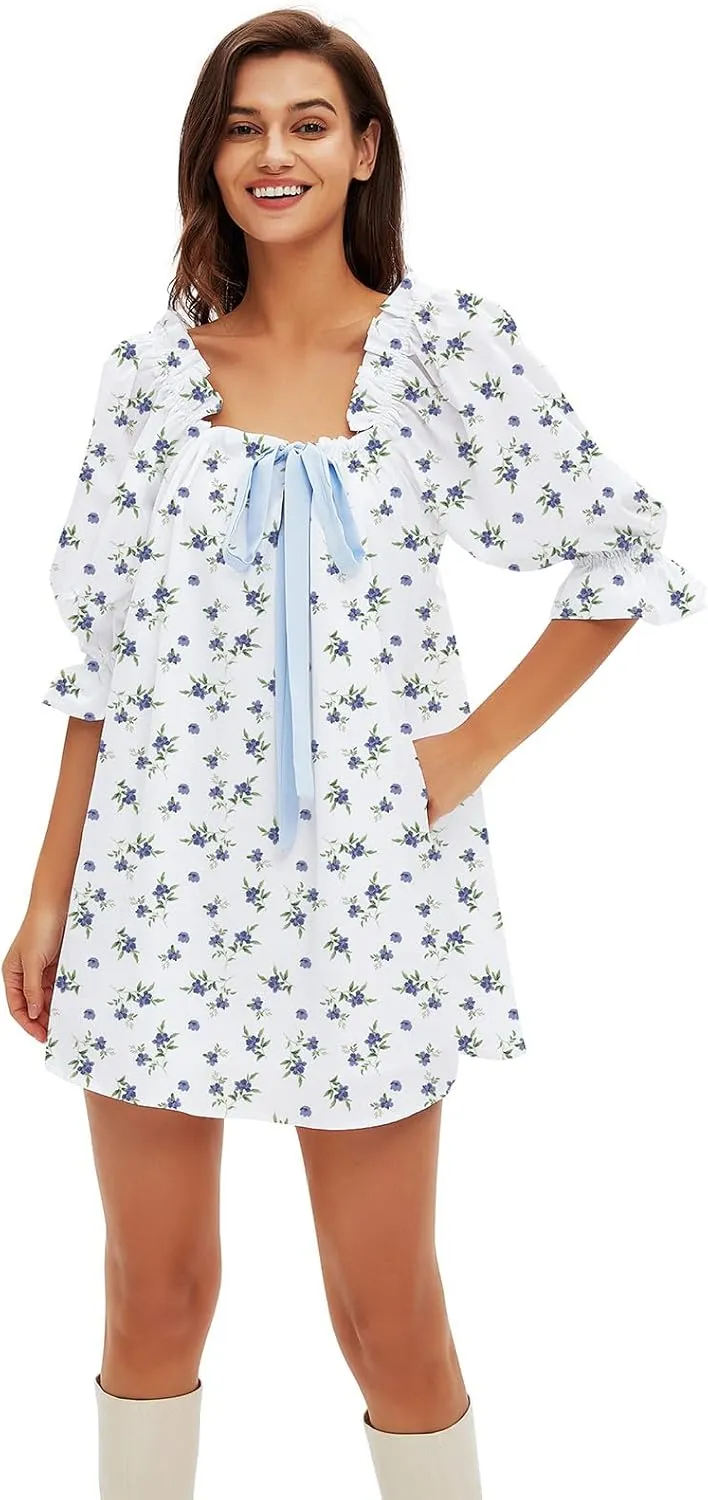 hibshaby Women's Babydoll Short Dress Puff Sleeve Cute Tie Mini Dress Floral Sundress