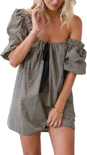 hibshaby Women's Babydoll Short Dress Puff Sleeve Cute Tie Mini Dress Floral Sundress