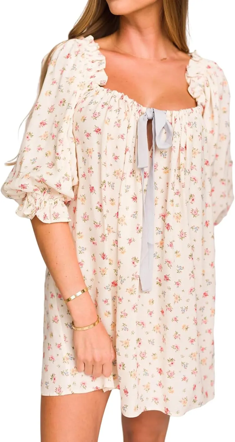 hibshaby Women's Babydoll Short Dress Puff Sleeve Cute Tie Mini Dress Floral Sundress