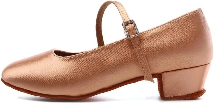 HIPPOSEUS Girls Closed Toe Latin Dance Shoes Silk Satin Ballroom Salsa Tango Practice Performance Dancing Shoes Low Heel,Model A018