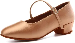HIPPOSEUS Girls Closed Toe Latin Dance Shoes Silk Satin Ballroom Salsa Tango Practice Performance Dancing Shoes Low Heel,Model A018