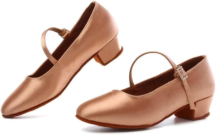 HIPPOSEUS Girls Closed Toe Latin Dance Shoes Silk Satin Ballroom Salsa Tango Practice Performance Dancing Shoes Low Heel,Model A018