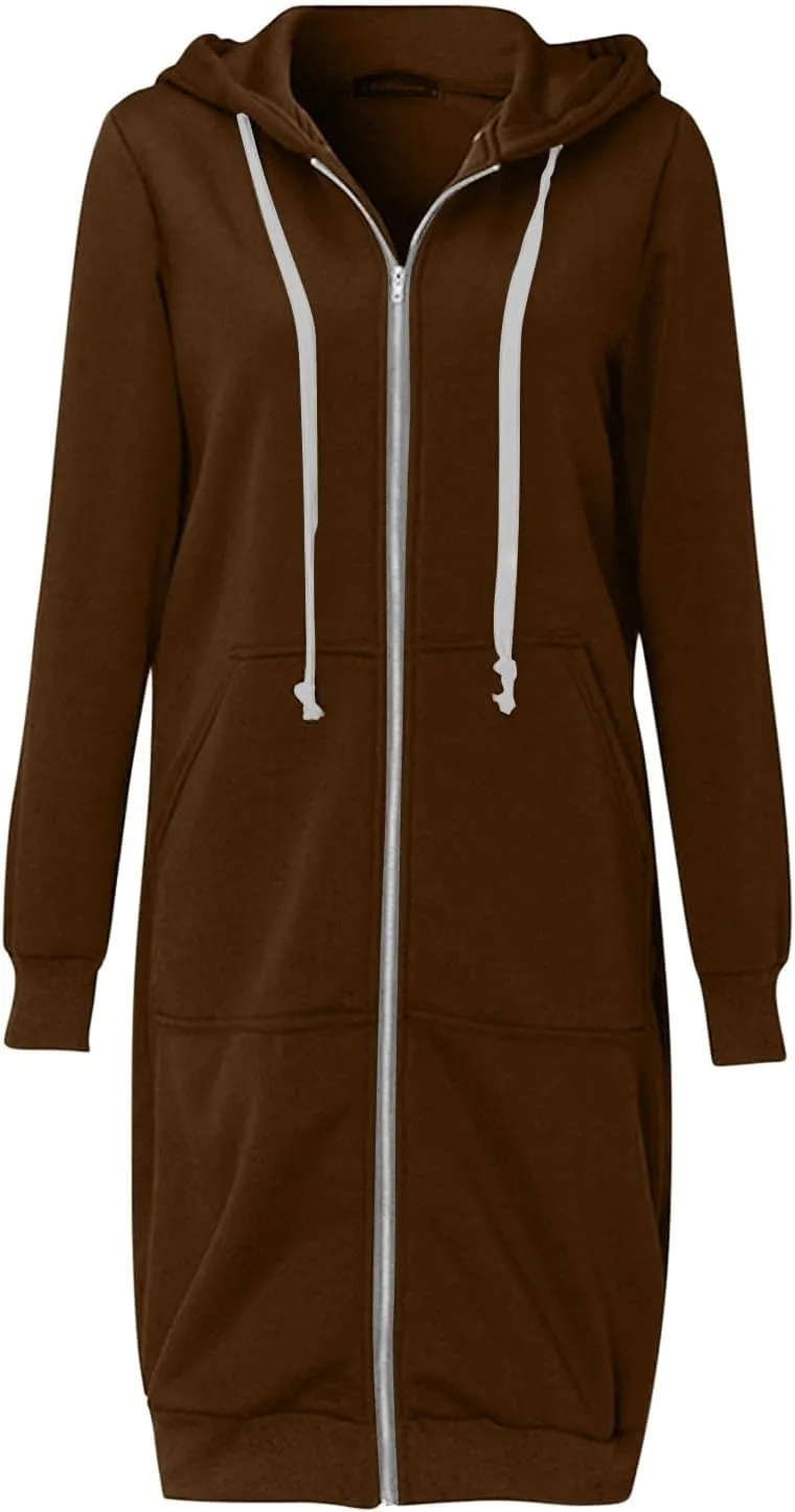 Hoodies for Women Zip Up Knee Length Tunic Fashion Sweatshirts Casual Long Sleeve Comfy Fall Hooded Jackets With Pocket