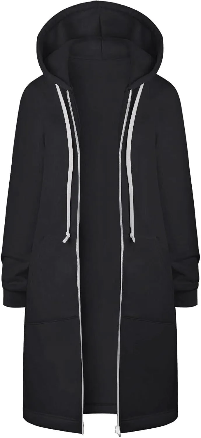 Hoodies for Women Zip Up Knee Length Tunic Fashion Sweatshirts Casual Long Sleeve Comfy Fall Hooded Jackets With Pocket