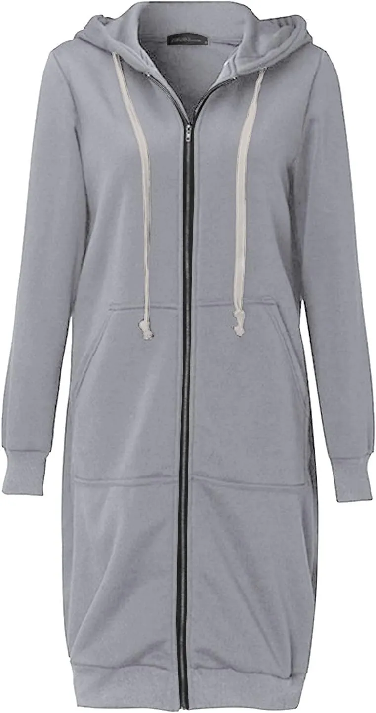 Hoodies for Women Zip Up Knee Length Tunic Fashion Sweatshirts Casual Long Sleeve Comfy Fall Hooded Jackets With Pocket