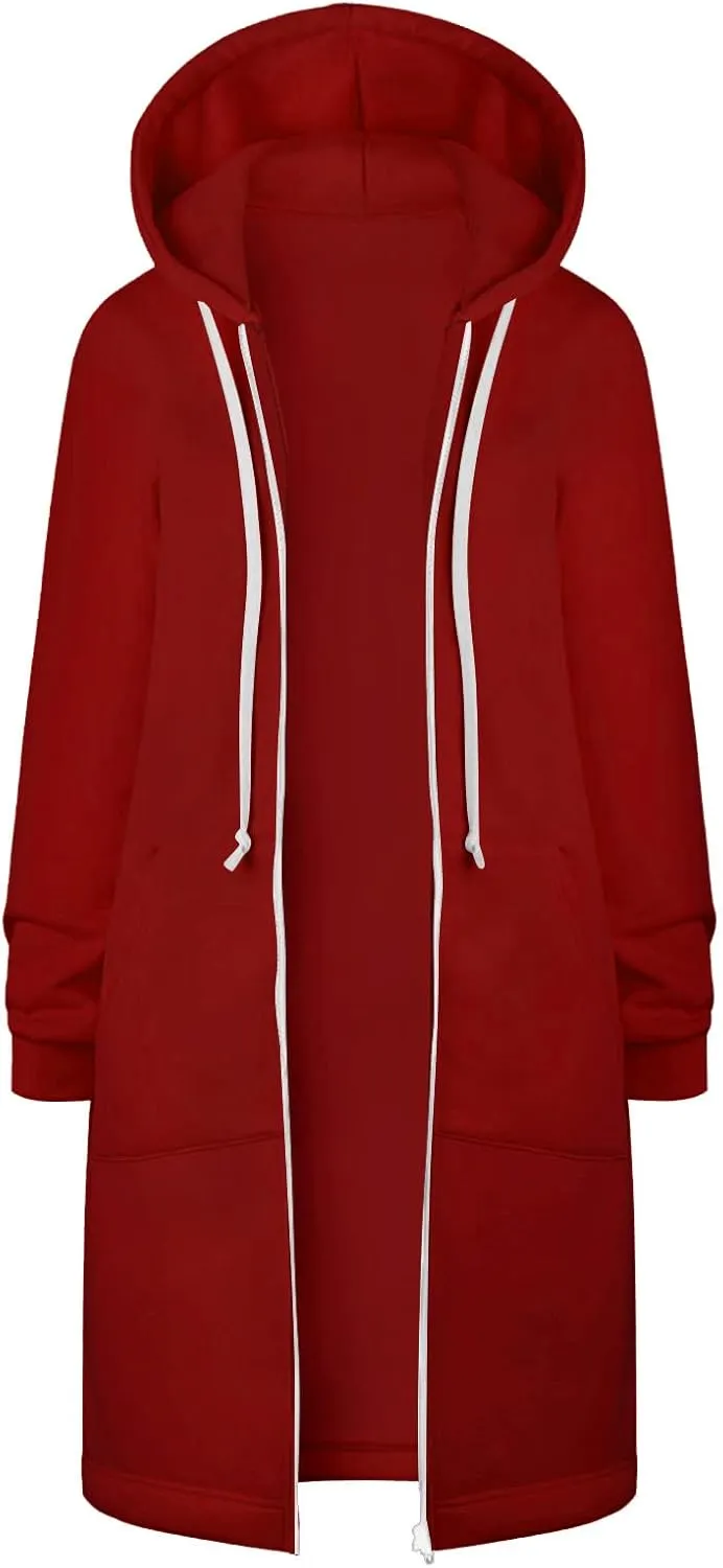 Hoodies for Women Zip Up Knee Length Tunic Fashion Sweatshirts Casual Long Sleeve Comfy Fall Hooded Jackets With Pocket
