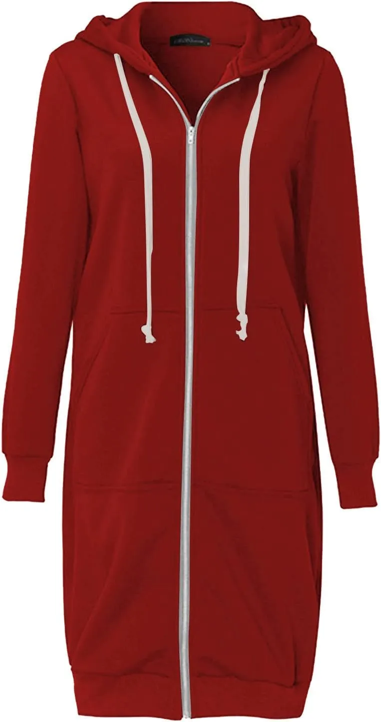 Hoodies for Women Zip Up Knee Length Tunic Fashion Sweatshirts Casual Long Sleeve Comfy Fall Hooded Jackets With Pocket