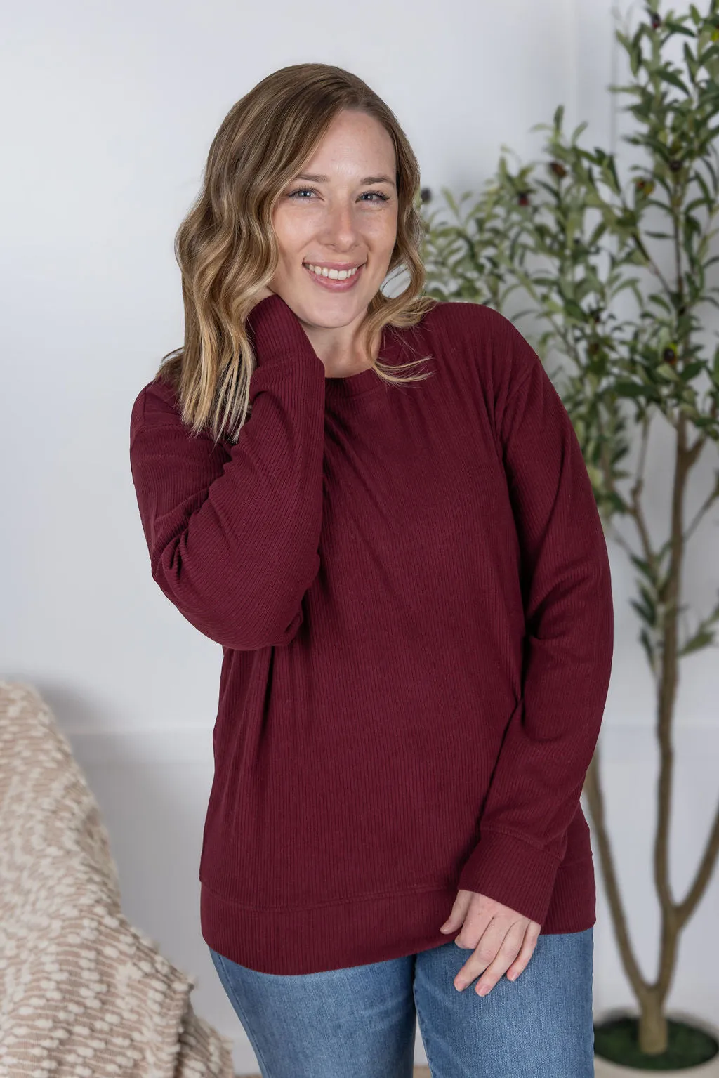 IN PRODUCTION Corrine Ribbed Pullover Top - Burgundy