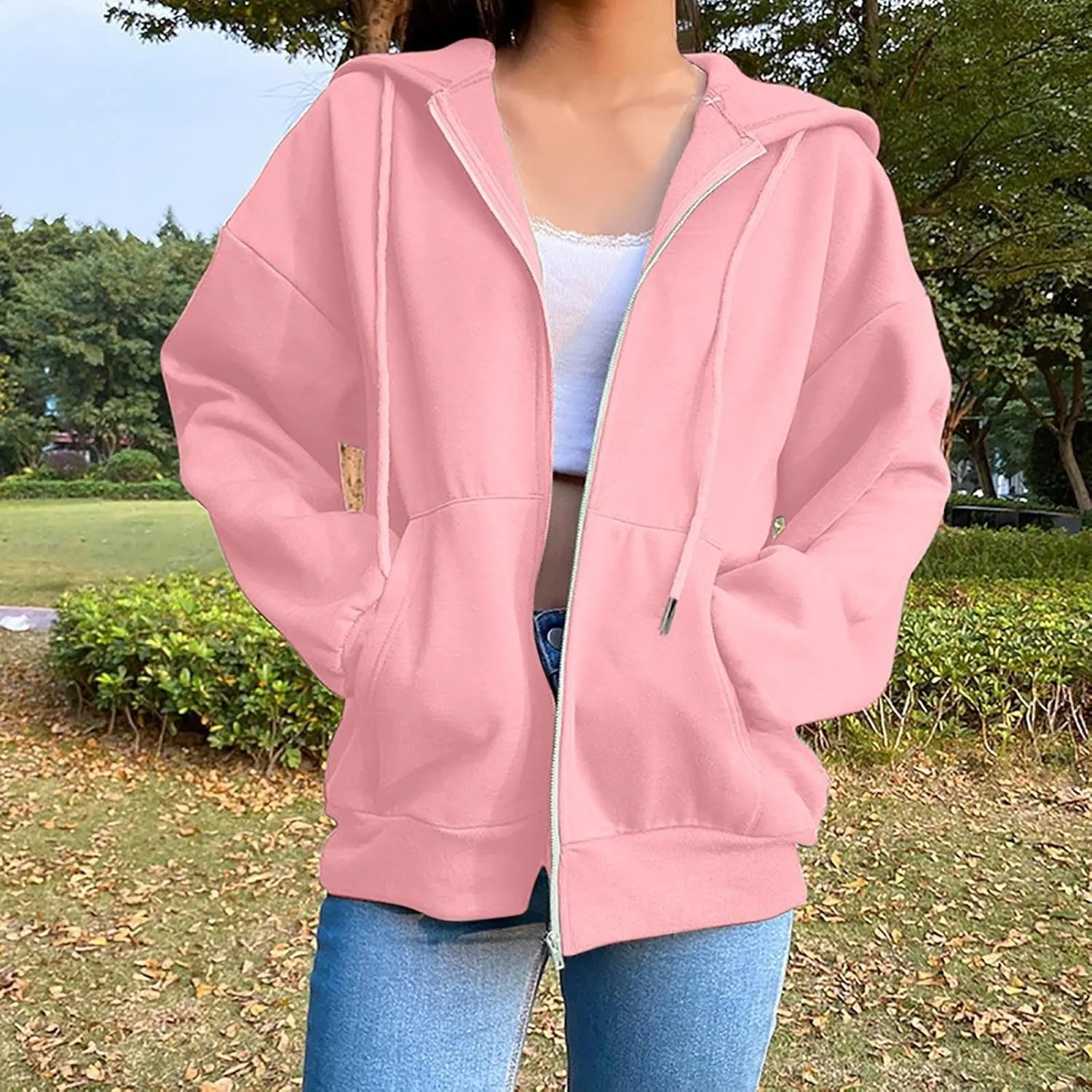 JiXiang Womens Lightweight Hoodies Full Zip Up Oversized Sweatshirts with Pockets Long Sleeve Thin Casual Zip Up Jackets