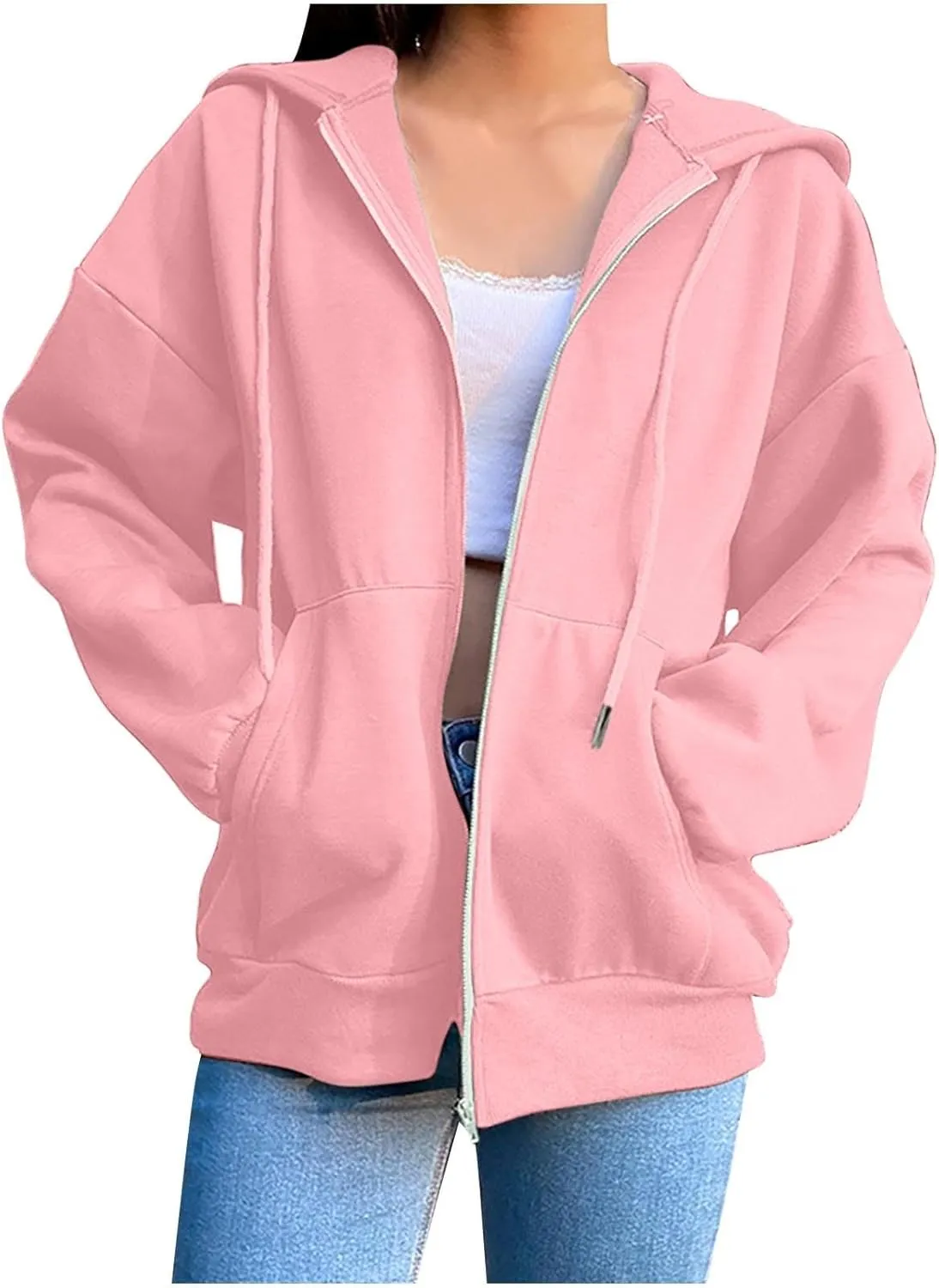 JiXiang Womens Lightweight Hoodies Full Zip Up Oversized Sweatshirts with Pockets Long Sleeve Thin Casual Zip Up Jackets