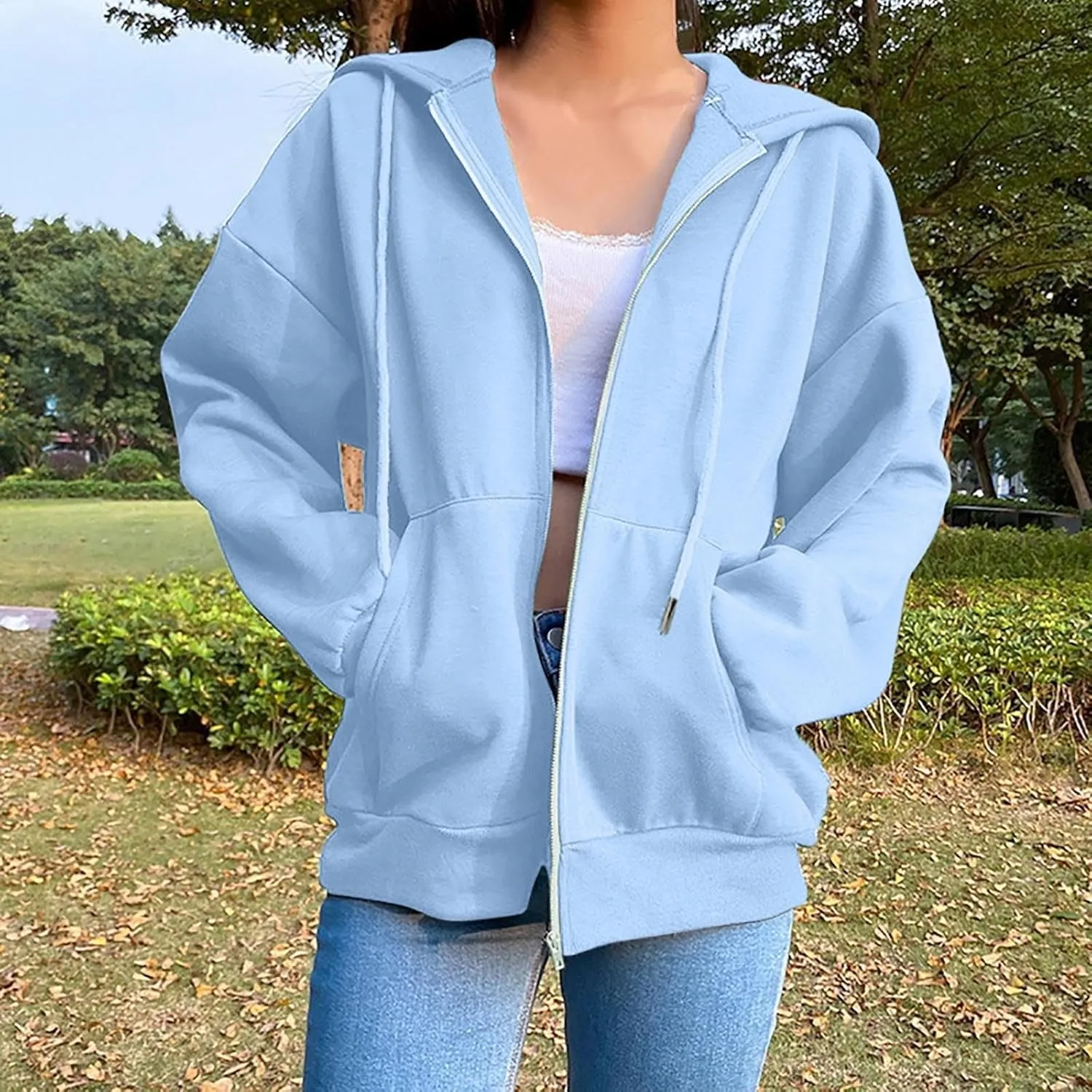 JiXiang Womens Lightweight Hoodies Full Zip Up Oversized Sweatshirts with Pockets Long Sleeve Thin Casual Zip Up Jackets