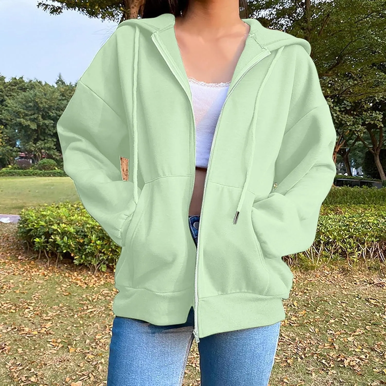 JiXiang Womens Lightweight Hoodies Full Zip Up Oversized Sweatshirts with Pockets Long Sleeve Thin Casual Zip Up Jackets