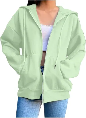 JiXiang Womens Lightweight Hoodies Full Zip Up Oversized Sweatshirts with Pockets Long Sleeve Thin Casual Zip Up Jackets