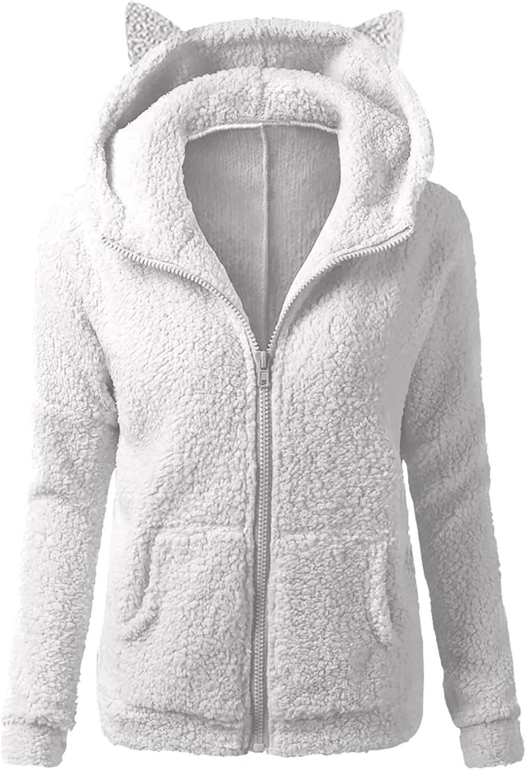 jsaierl Women Fluffy Bear Ears Cute Hooded Jacket Zip Up Hoodie Winter Double Fuzzy Warm Sweatshirt Comfy Outwear Coat
