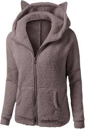 jsaierl Women Fluffy Bear Ears Cute Hooded Jacket Zip Up Hoodie Winter Double Fuzzy Warm Sweatshirt Comfy Outwear Coat