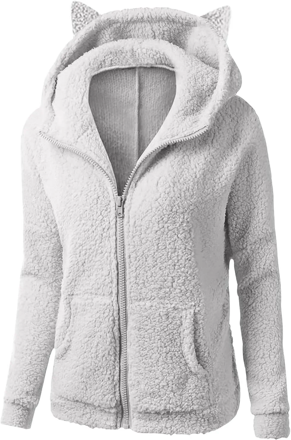 jsaierl Women Fluffy Bear Ears Cute Hooded Jacket Zip Up Hoodie Winter Double Fuzzy Warm Sweatshirt Comfy Outwear Coat