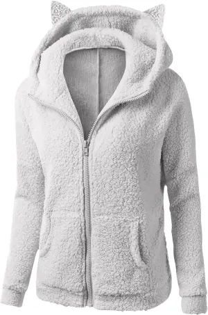 jsaierl Women Fluffy Bear Ears Cute Hooded Jacket Zip Up Hoodie Winter Double Fuzzy Warm Sweatshirt Comfy Outwear Coat