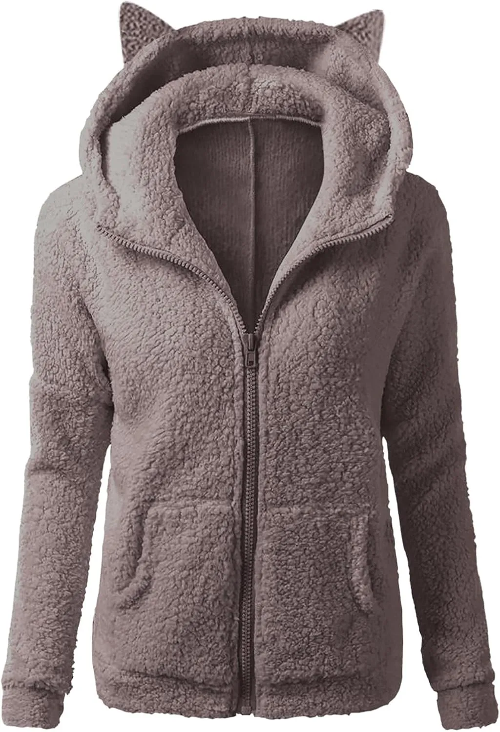 jsaierl Women Fluffy Bear Ears Cute Hooded Jacket Zip Up Hoodie Winter Double Fuzzy Warm Sweatshirt Comfy Outwear Coat