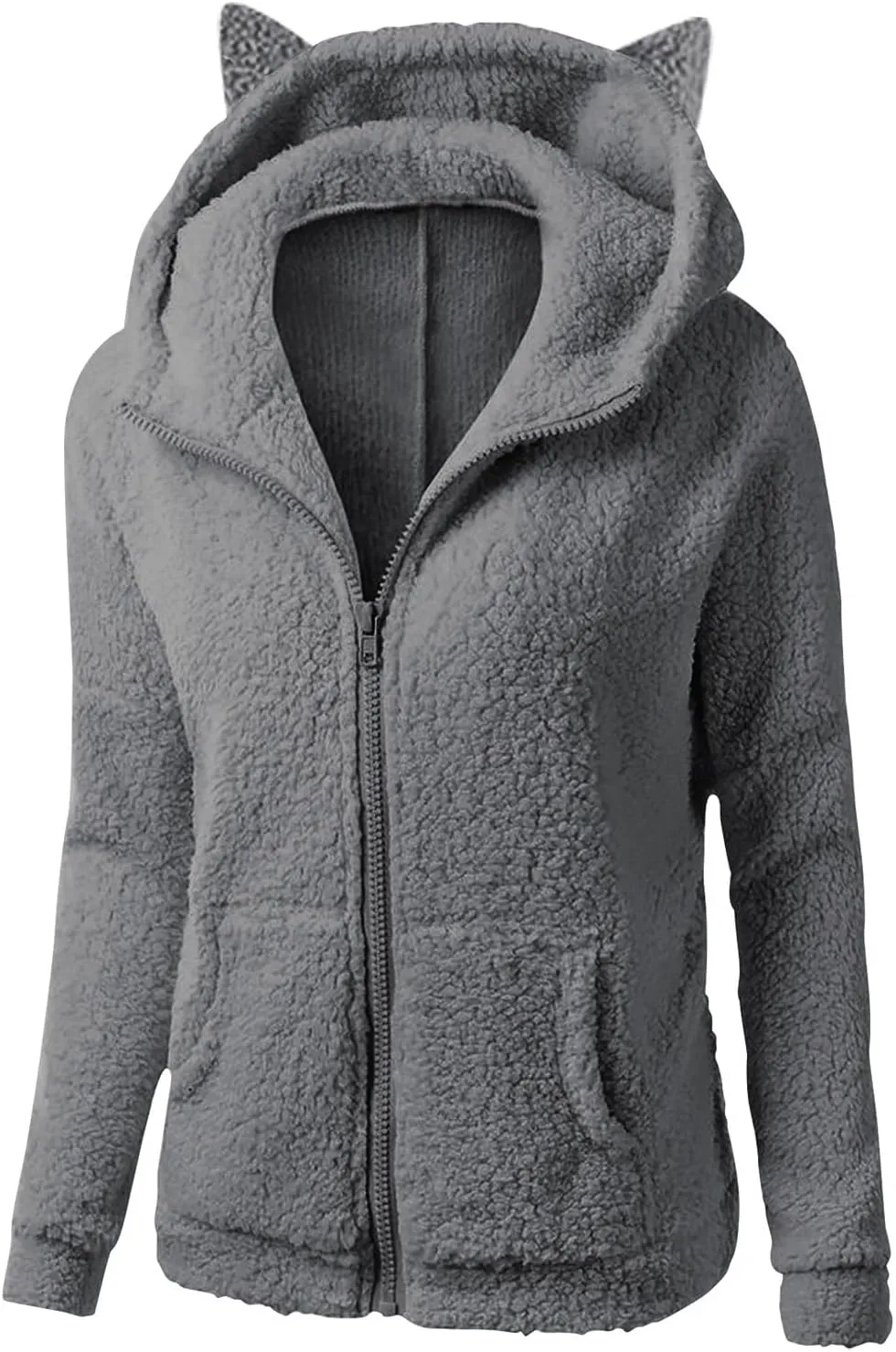 jsaierl Women Fluffy Bear Ears Cute Hooded Jacket Zip Up Hoodie Winter Double Fuzzy Warm Sweatshirt Comfy Outwear Coat