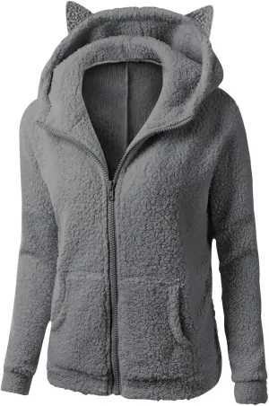 jsaierl Women Fluffy Bear Ears Cute Hooded Jacket Zip Up Hoodie Winter Double Fuzzy Warm Sweatshirt Comfy Outwear Coat