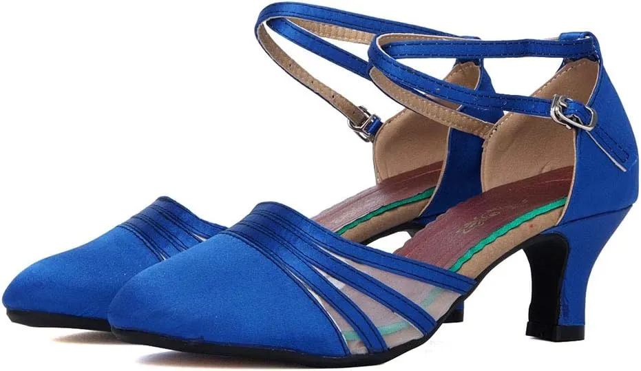 JUODVMP Leather & Mesh Closed Toe Ballroom Dance Shoes Crisscross Belt Women Low Heel Modern Character Shoes,DY302