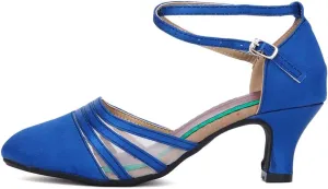 JUODVMP Leather & Mesh Closed Toe Ballroom Dance Shoes Crisscross Belt Women Low Heel Modern Character Shoes,DY302