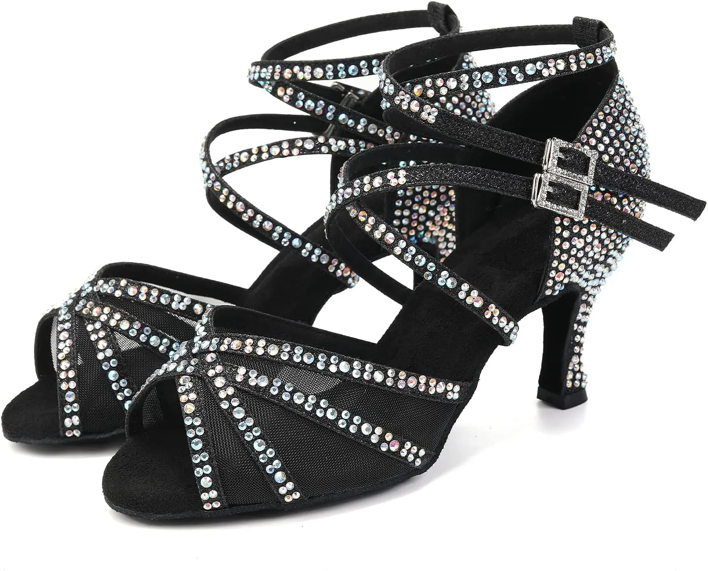 JUODVMP Women Mesh Ballroom Dance Shoes Rhinestone Latin Satin Salsa Performance Dance Shoes Model YCL508