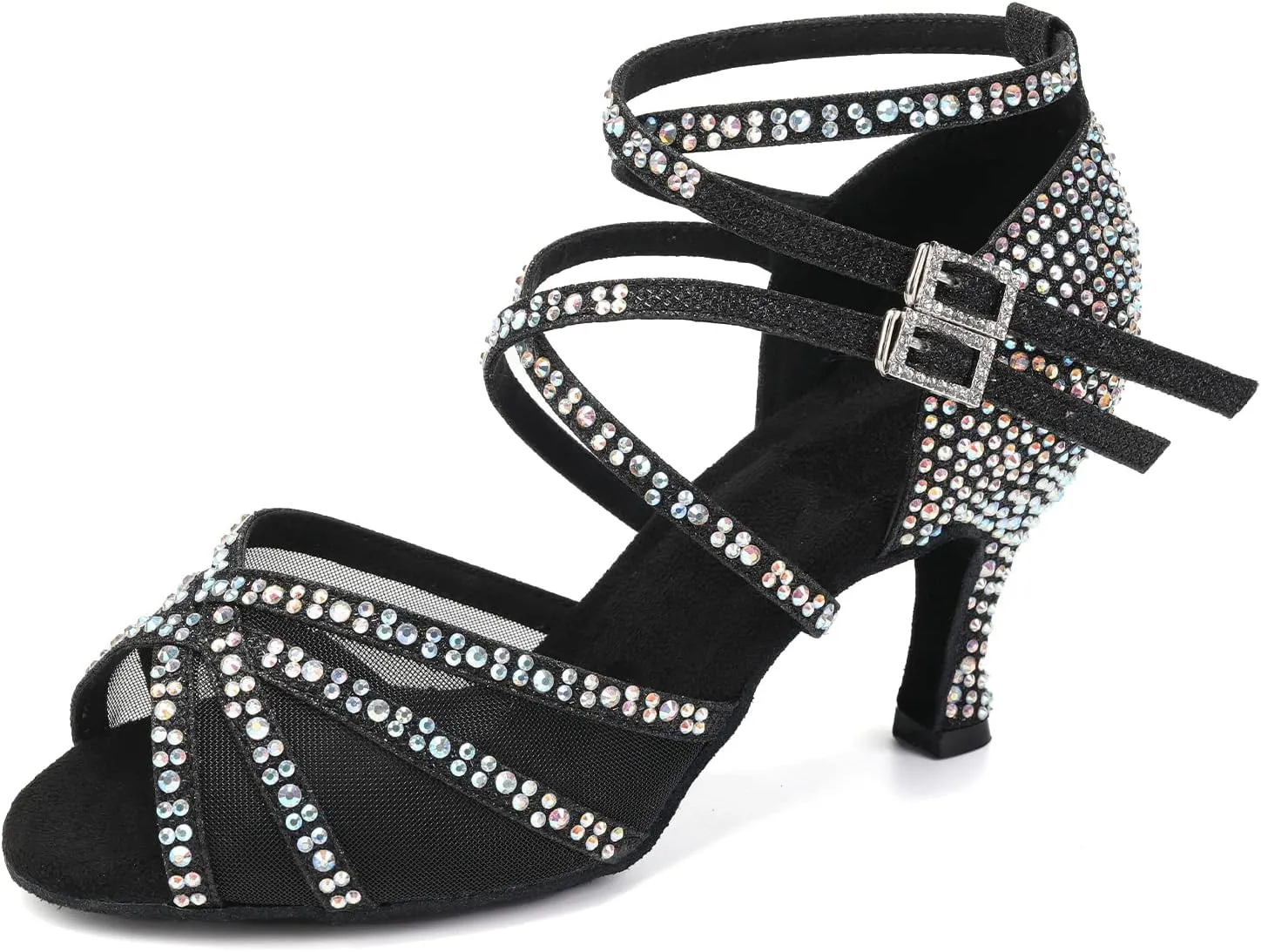JUODVMP Women Mesh Ballroom Dance Shoes Rhinestone Latin Satin Salsa Performance Dance Shoes Model YCL508