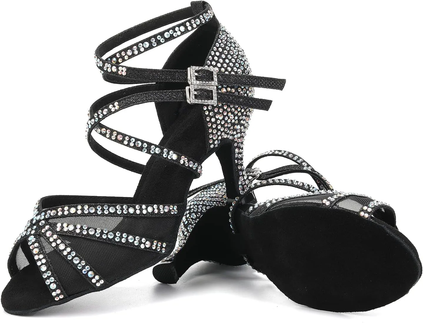 JUODVMP Women Mesh Ballroom Dance Shoes Rhinestone Latin Satin Salsa Performance Dance Shoes Model YCL508