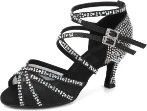 JUODVMP Women Mesh Ballroom Dance Shoes Rhinestone Latin Satin Salsa Performance Dance Shoes Model YCL508