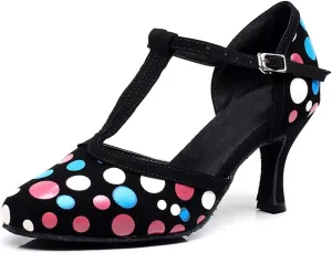 JUODVMP Women's Latin Salsa Character Dance Shoes Ultrasuede Patchwork Color Closed-Toe Crossed-Ankle Strap Ballroom Shoesn Model QJW7136