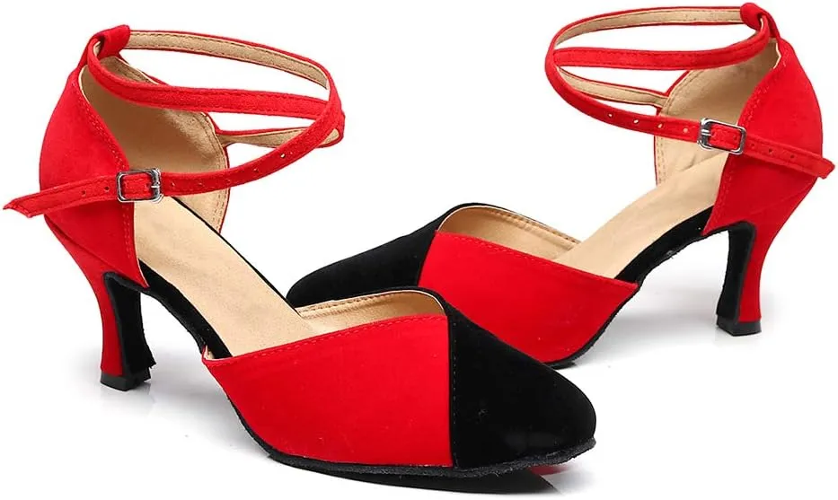 JUODVMP Women's Latin Salsa Character Dance Shoes Ultrasuede Patchwork Color Closed-Toe Crossed-Ankle Strap Ballroom Shoesn Model QJW7136